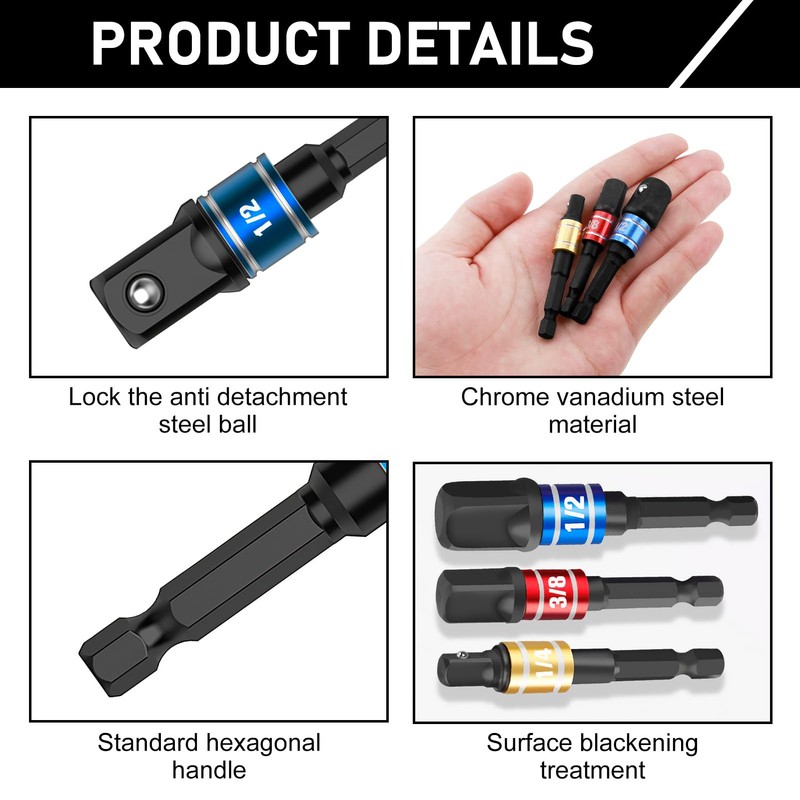 Impact Driver Socket Adapter Set, Extension Bit 1/4, 3/8, 1/2