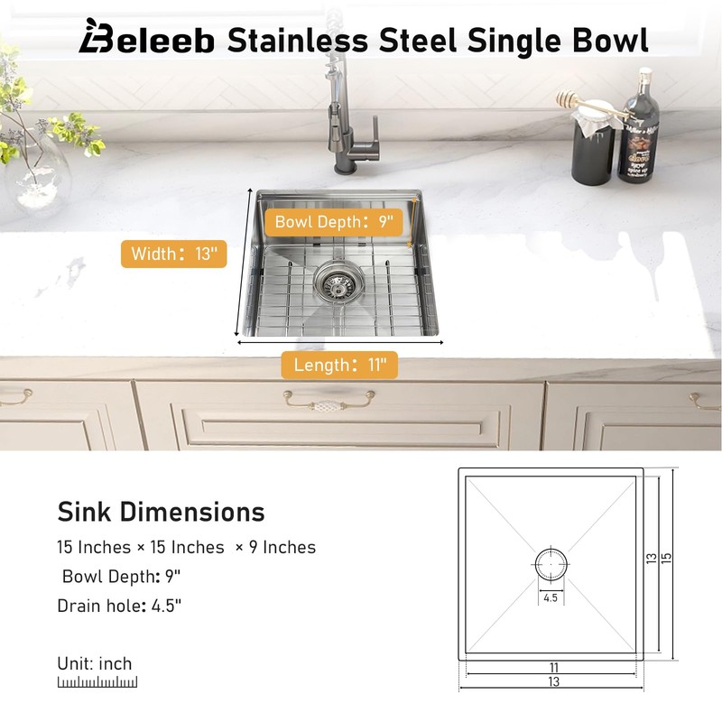 Beleeb 13 x 15 Undermount Bar Sink Workstation, 18 Gauge