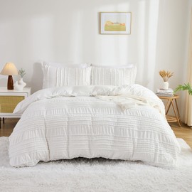 Stripe Seersucker Duvet Cover Set Ultra Soft Microfibre Double Bedding Set Luxury Easy Care Duvet Cover Wrinkle Resistant Seersucker Bedding Classic 3pcs White Bedding Set with Pillowcases