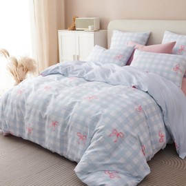 Bildenly Blue Plaid Twin Comforter Set - Pink Bow Quilt Bedding Set 2 Pieces, Gingham Comforter Set Twin Size, Soft & Lightweight Comforter(68‘’ x 90‘’) for Girl All Season & 1 Pillowcase(30‘’x20‘’)