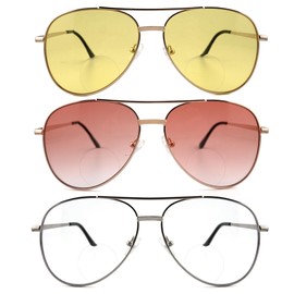 SOPHILY 3 Pack Bifocal Reading Sunglasses for Women Men, Aviator Sun Readers Glasses Mirrored Shades UV400 Gradient Pink Night Yellow Clear, +3.0