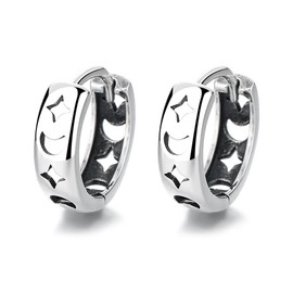 Kokoma Star Moon Hoop Earrings for Women 925 Sterling Silver Vintage Small Huggie Hoops Cartilage Earrings Hollow Stars Hypoallergenic Ear Jewelry