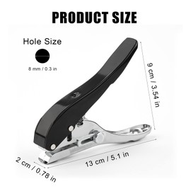 Paper Puncher, 8mm / 6/15 Inch Handheld Single Hole Punch with Grip Handle, Heavy Duty Circle Metal Single Punch with Adjustable Scale for Craft Paper Tag Ticket Notebook Cutting Card (Black)