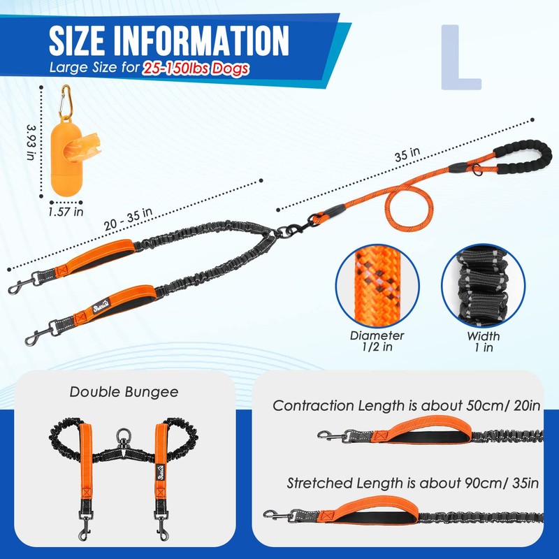 Lukovee Double Dog Leash, No Tangle 360° Swivel Heavy Duty