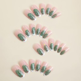 Winter White Press on Nails Christmas Fake Nails Medium Almond False Nails with Xmas Tree Snow Designs Glossy Glue on Nails French Tip Nude Artificial Nails Acrylic Manicure Artificial Nails for Women