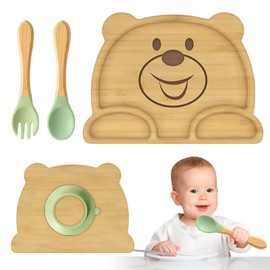 WIYETY Bamboo Baby Plate with Suction Cup: Non-Slip Baby Plate with Spoon and Fork, Practical Complementary Food Baby Accessories, Children's Crockery Set, Baby Crockery Set, Perfect for the Learning