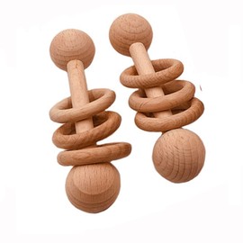 Arakierst 2pcs Beech Wood Ring Rattle Chew Wood Beads Rattling Teething Gym Montessori Toys Wooden Educational Ring Rattle (Rattle 2pcs)