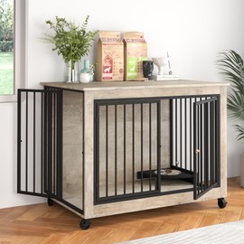 Rovibek 39 inches Dog Crates for Large Dogs, Dog Kennel Furniture with Bowl, Large Dog Crate with 3 Doors, Flip-up Top Opening and Wheels, Dog Kennel Indoor, Grey