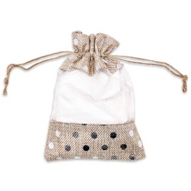 TheDisplayGuys - 12-Pack 5” x 7” Linen Burlap & Organza Gift Bags with Adjustable Drawstring - Perfect for Party Favors, Presents, Samples & Treats - Beige/Silver Polka, Medium