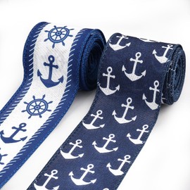 Estivaux 2 Rolls Summer Craft Ribbons for Wreath Bows, 2.5"×10 Yards Wired Edge Ribbons White Blue Burlap Ribbon Ship Rudder Wired Ribbons for Crafting Sewing DIY Crafts Supplies