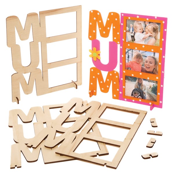 Baker Ross FX510 ‘Mum’ Wooden Photo Frames - Pack of 4, Wood Craft Kits for Kids to Paint