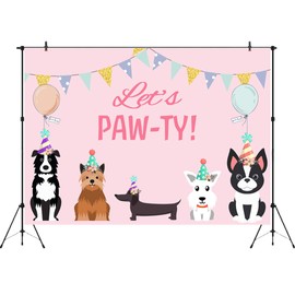 7x5ft Puppy Dog Happy Birthday Themed Backdrops Let's Paw-ty Doggy Pet Pink Girl Photography Backdrop Birthday Banner for Puppy Birthday Party Photo Booth Backdrop Vinyl Birthday Party Decorations