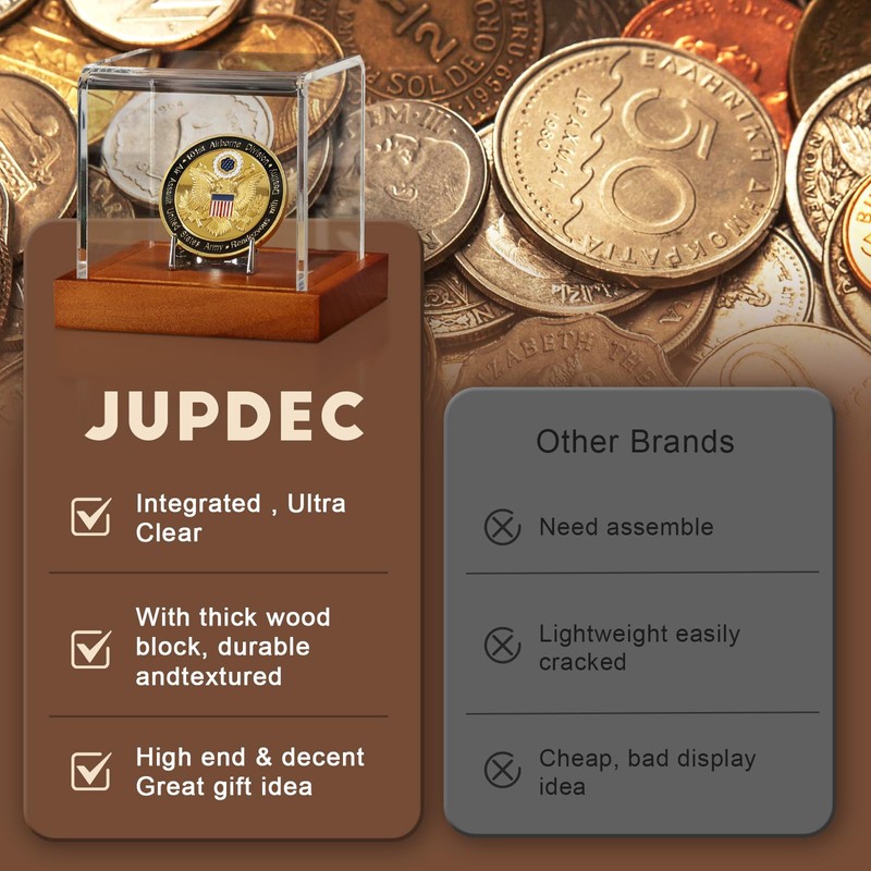 JupDec Coin Display Case, Clear Acrylic Showcase with Wood Base