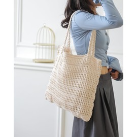 Stizimn Crochet Summer Beach Tote - Large Capacity Shoulder & Hobo Bag - Aesthetic Knit Hippie Design (Beige-B)