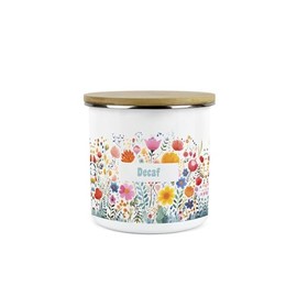 Purely Home Floral Meadow Decaf Storage Canister - Bright Floral White Metal Enamel Medium Sized Kitchen Food Storage Container