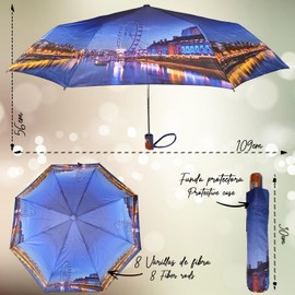QILZO Women Umbrella Foldable Auto Open 30cm Compact Fiber Umbrella Travel Umbrella Waterproof Quick Dry UV Resistant, London Eye, 109 cm