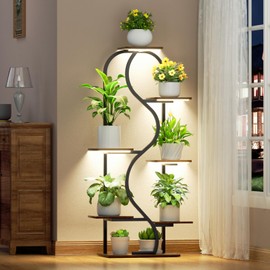 Plant Stand Indoor with Grow Lights - 48" Tall Plant Shelf Indoor, 7 Tiered Corner Plant Stands for Indoor Plants, Lighted S-Shaped Flower Holder Stand, Display Rack for Living Room, Balcony（Black)