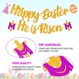 Happy Easter He is Risen Banner Easter Flag Bunting Colourful Eggs Rabbit Bunny Cross Flag Bunting for Festival Party Gardens Home Indoor Outdoor Decoration Easter Spring Party Decorations Backdrops