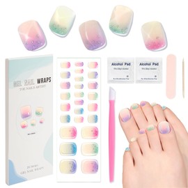 XEAOHESY 26pcs Semi Cured Gel Toe Nail Strips, Pedicure Nail Strips, Toe Nail Stickers, Needs to Be Cured, Come With Nail File, Wood Cuticle Stick, Prep Pads, Plastic Press Stick（Iridescent Gradient）