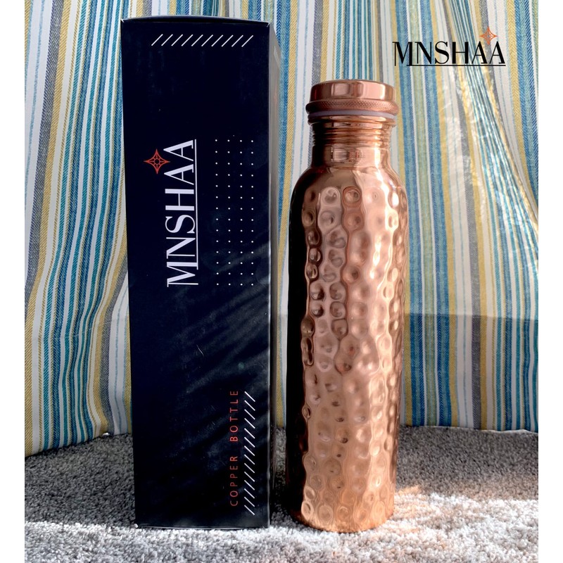 Mnshaa Pure Copper Hammered Water Bottle, Handmade Drinking Vessel Flask,