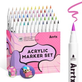 Arrtx 60 Colors Paint Markers Pens, Acrylic Paint Pens for Artists Adults Coloring Drawing Cartoon Anime Comic - Brush Tip for Rock Painting, Wood, Canvas, DIY Crafts Making Art Supplies-60B