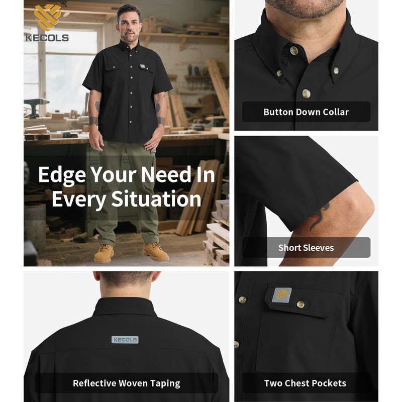 Kecols Mens Regular Fit Work Utility Shirt Midwweight with Two
