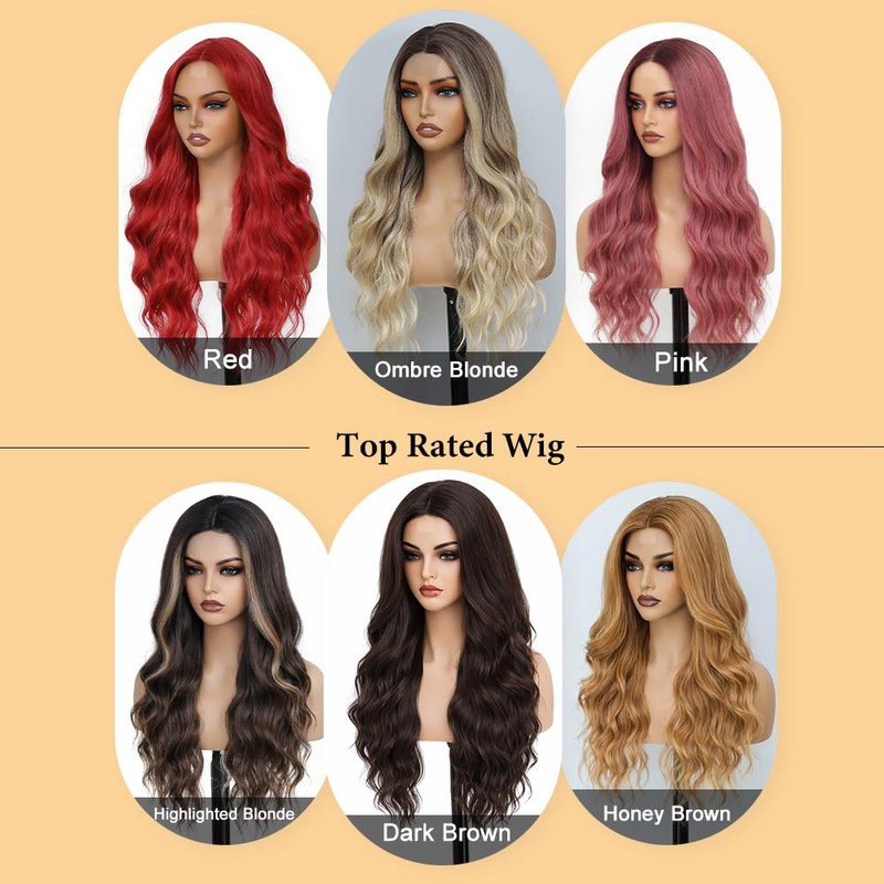 Red Wig for Women,26 Inch Wavy Curly Burgundy Middle Part