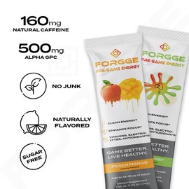Forgge Focus Energy Drink Powder - Lion’s Mane, Alpha-GPC, L-Theanine and Nootropics for Focus - Vitamins + Electrolytes - Natural Caffeine, Sugar Free - (4 ct + Shaker)