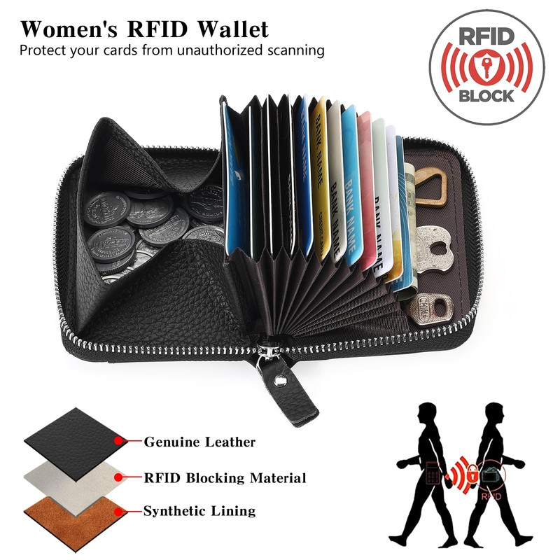 GOIACII Women's Leather Credit Card Holder, RFID Protection, Small Wallet