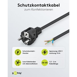 Goobay 94701 Power Cable with Open Cable Ends & Pressed Wire End Ferrules / Straight Earthing Contact Plug / Universal Power Cable / Black / 2 m