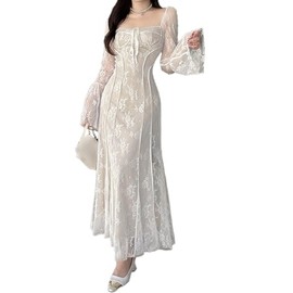 xxxiticat Women's Floral Lace Maxi Dress Long Sleeve Square Neck Flower Print Swing Hem Layered White Fairy Long Dress(WH,XL)