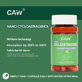 CAW Telomere Supplement | Anti-Aging Telomere Length | DNA Repair Cell Health | Nano Cycloastragenol 5Mg 30Enteric-Coated Capsules 1 Bottle
