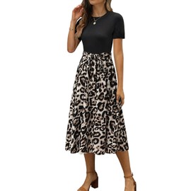 CzzzyL Women's Nursing Dress for Breastfeeding Short Sleeve Floral Patchwork Pregnancy Clothes Round Neck Tie Waist Knee Length with Pockets Leopard,X-Large