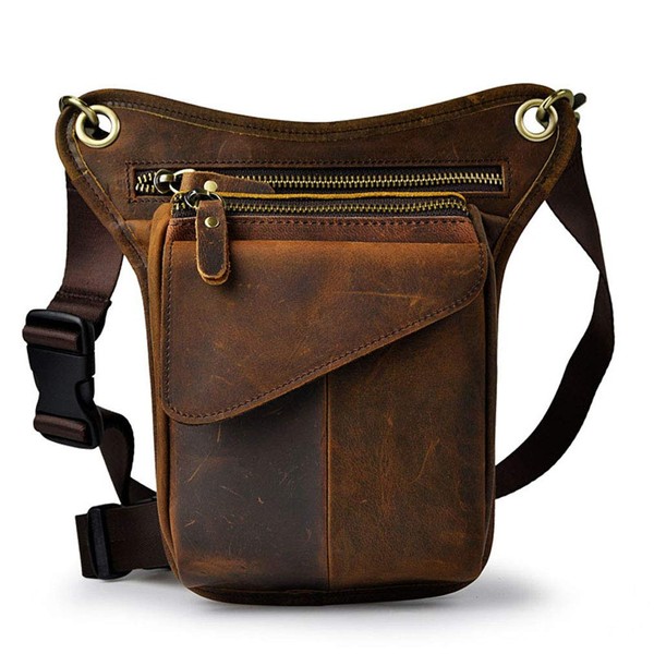 Leather Waist Pack Drop Leg Bag for Men Women Belt Bumbag Multi-Function Motorcycle Bike Outdoor Sports Tactical Cycling Riding Hiking Camping Daypack Deep Brown