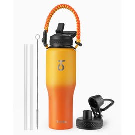 Trebo 32oz Insulated Water Bottle that Fits in Cup Holder, Stainless Steel Bottles Tumbler Double Wall Metal with Straw Spout Lids,Travel Flask with Paracord Handle, Sweat Proof Keep Cold &Hot,Orange
