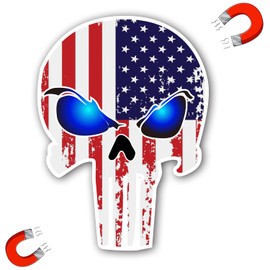 Punisher Skull Tattered Subdued US Flag Reflective Magnet Decal with Thin Line Car Sticker, Truck Accessories (Blue with Red)