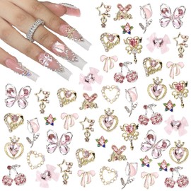 BelleVive 24pcs Nail Charms, Y2k Alloy Nail Art Rhinestone Charms, 3D Heart Star Bow with Rhinestones, Cherry Nail Gemstones, Shiny Jewelry, Nail Decorations, Accessories