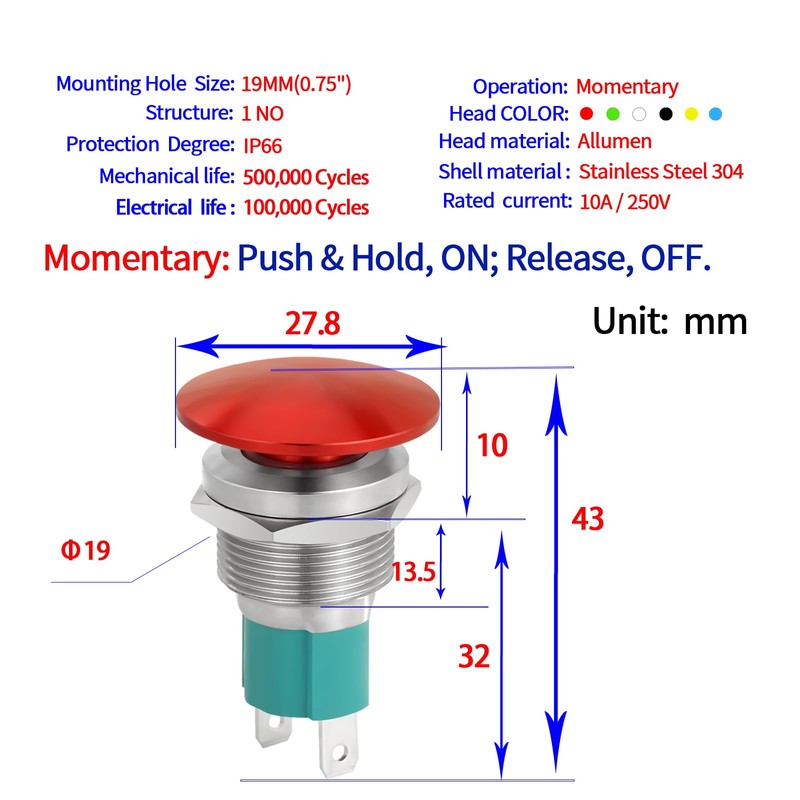 10 Amp 19mm Momentary Push Button Switch Red Mushroom Head