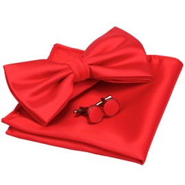 GUSLESON Mens Adjustable Solid Red Bow Tie Pre-tied Wedding Bowtie and Pocket Square Cufflink Set With Box (0570-12)