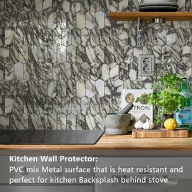 Vamos Tile Long Hexagon Peel and Stick Backsplash Tile - 10 Sheets Stick on Backsplash for Kitchen and Bathroom 12.4 x 12 Inch White Marble Look PVC Mixed Metal Silver Self Adhesive Mosaic Wall Tiles