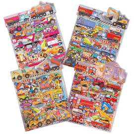 Jactales Construction Vehicle Puffy Stickers Playset Pad - Reusable for Toddlers Kids 2-4 & 4-8 Years -Includes Large Truck, Tractor,Excavator,Cars,Bus,3D Bulk Transportation Sticker for Boys,4 Pack.