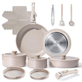 Chef Power Ceramic Nonstick Pots and Pans Set 19 Piece with Detachable Handle, Induction Dishwasher Oven Safe Cookware Set, RV Kicthen Set Removable Handle, Mocca Taupe
