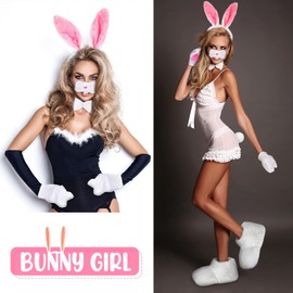 Vicenpal 8 Pieces Halloween Rabbit Costume Set Bunny Shoes Headband Nose Tail Bow Tie Gloves Plush Bunny Costume Accessory for Halloween Cosplay, White Pink