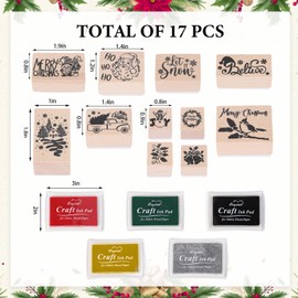 JarThenaAMCS 16Pcs Merry Christmas Wooden Rubber Stamps with Craft Ink Pads Xmas Mixed DIY Craft Stamps for Party Gift Decor Scrapbooking Cards Making