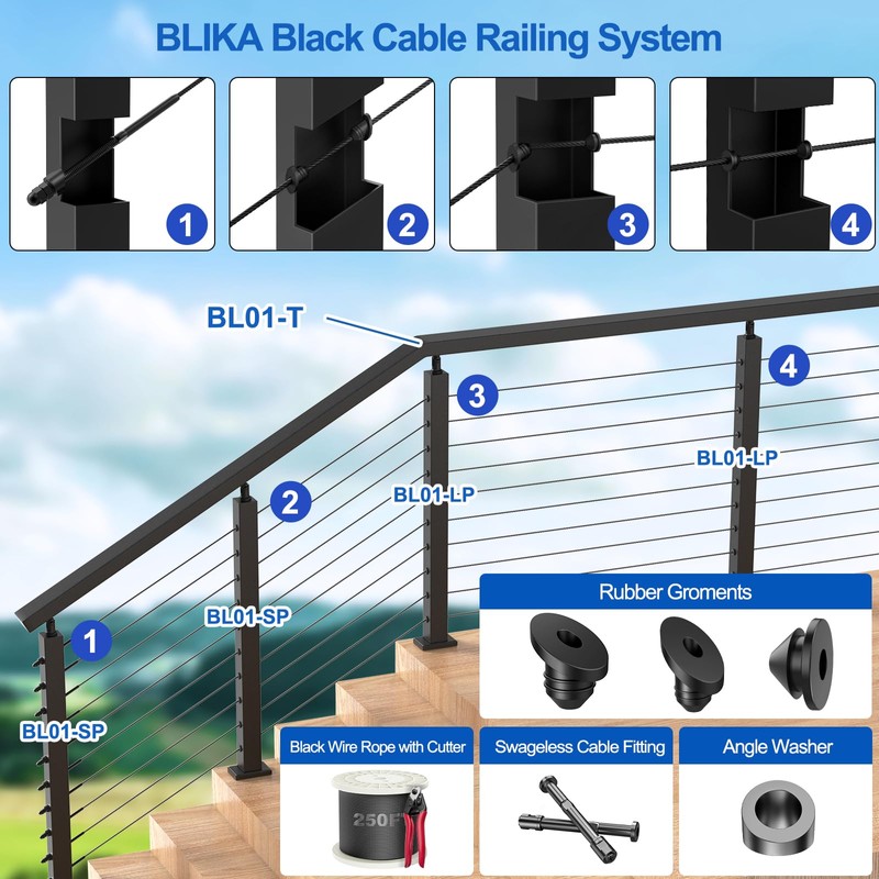 BLIKA 1 Pack 4FT Stainless Steel Cable Railing Handrail, Black