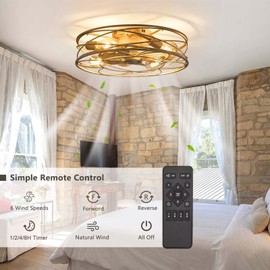 20 Inch Low Profile Caged Ceiling Fan with Light and Remote, Flush Mount, Noiseless DC Motor, Reversible, 6 Speed with Timer, Rustic Bladeless Cage Design for Bedroom Kitchen Dining Room