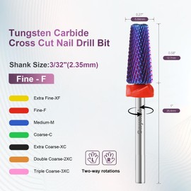 Cnynail 5 in 1 Cross Cut Nail Drill Bit, Tungsten Carbide Multi-Function Bit for Acrylic Nails, Hard Gels, Cuticles Removal, 3/32" Shank, Two-Way Rotation for Left &Right-Handed Use (F Grit, Purple)
