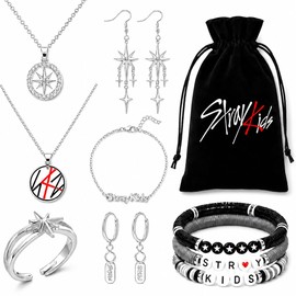 12 Pcs Skz Jewelry Set, Compass Star Necklace, Rings, Bracelets, Earrings
