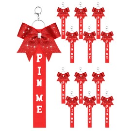Landical 12 Pcs Cheer Pin Me Ribbon Cheerleader Ribbon Keychain with Rhinestones Bow for Cheerleader Bag Backpack (Red)