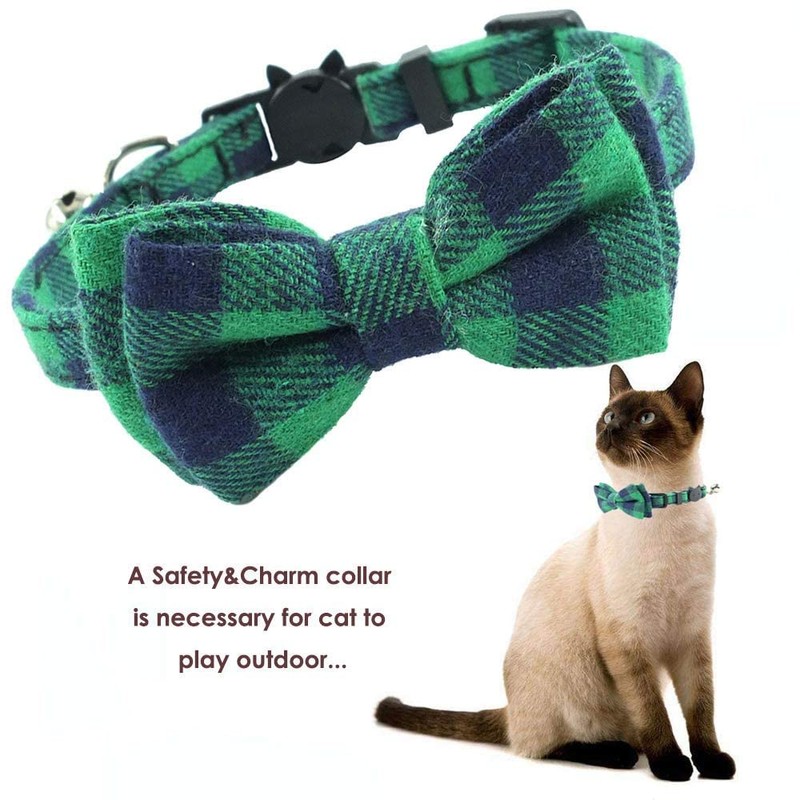 Cat Collar Breakaway with Bell and Bow Tie, Plaid Design
